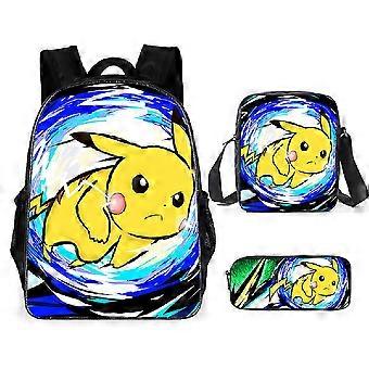 KINZON 3 Pçs / set Cartoon Anime Pokmon Crianças Mochila Lancheira Lápis Caso Estudante Mochila 21