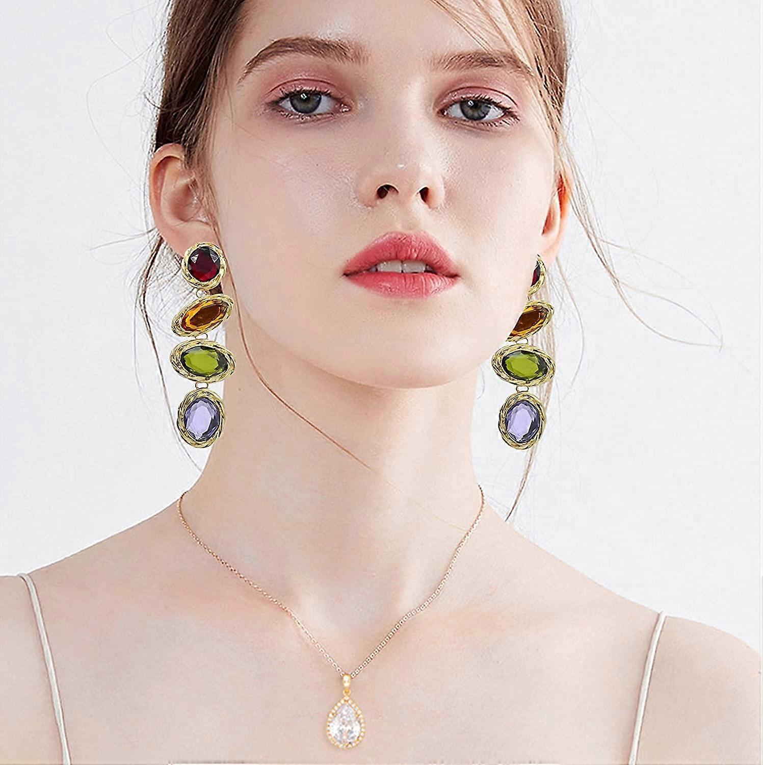 Bohemian Crystal Wedding Bridal Multiple Teardrop Chandelier LongDangle Earrings Rainbow Rhinestone Square Tassel Drop Dangle Earrings Sparkly Crystal