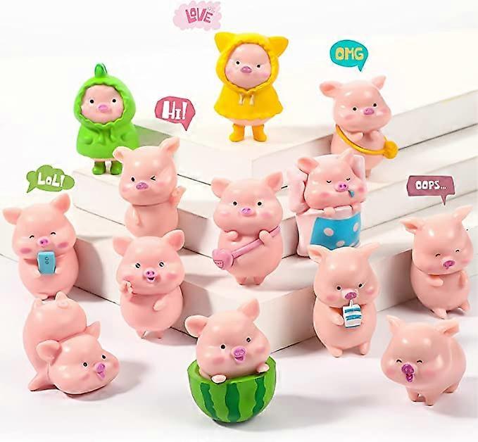13 Pieces Cute Pink Piggy Miniature Figurines Toys Pig Party Decorations Cake Toppers Waterproof Mini Resin Garden Miniature Moss Landscape DIY Terrar