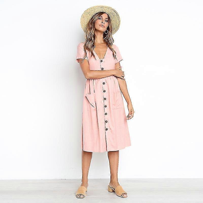Letnie sukienki dla kobiet Casual Midi Dress Sukienka koszulowa z krótkim rękawem Dekolt w serek Button Down Swing A Line Tunika Sukienka z kieszeniami