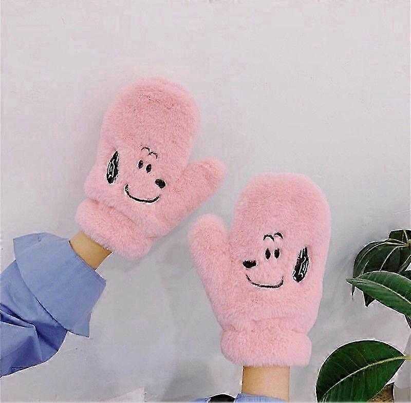 Cute cartoon gloves, winter furry double-layer warm finger gloves soft and warm