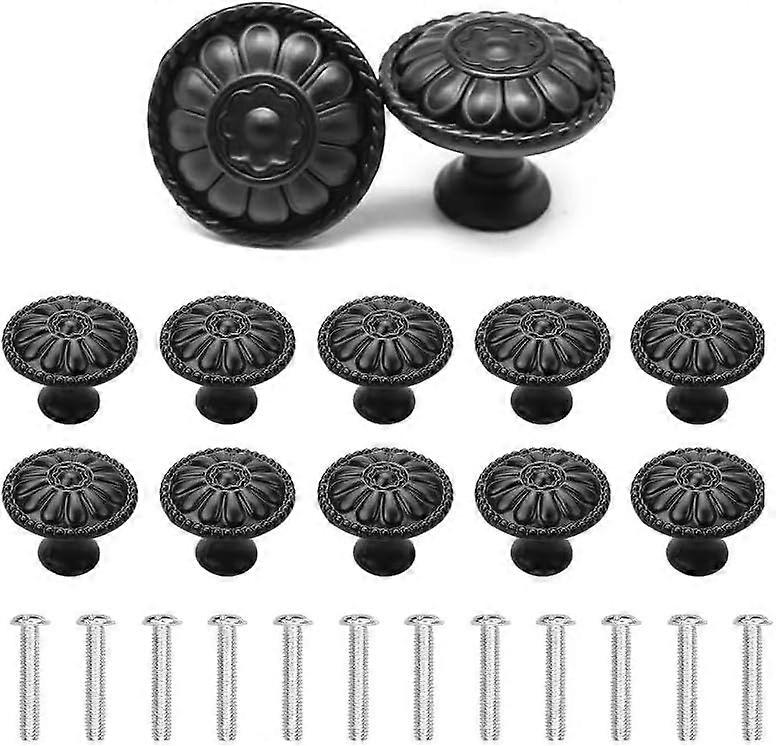 Cabinet Pulls 12 Pieces Drawer Pulls,30MM Round Black Cabinet Knobs, Flower Pattern Vintage Knobs and Handles,with Screws