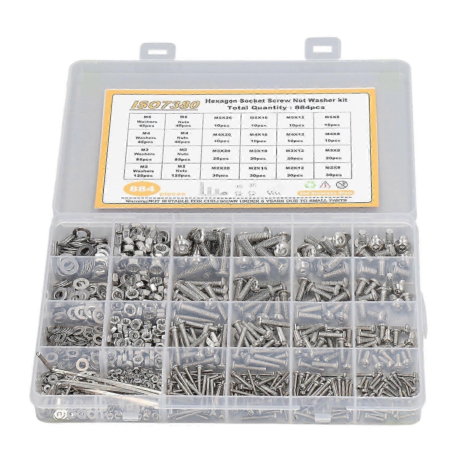884 Pcs Screw Nut Washer Wrench Kit M2 M3 M4 M5 Half Round Head Hex Socket Screws Nuts Washers Wrench Set