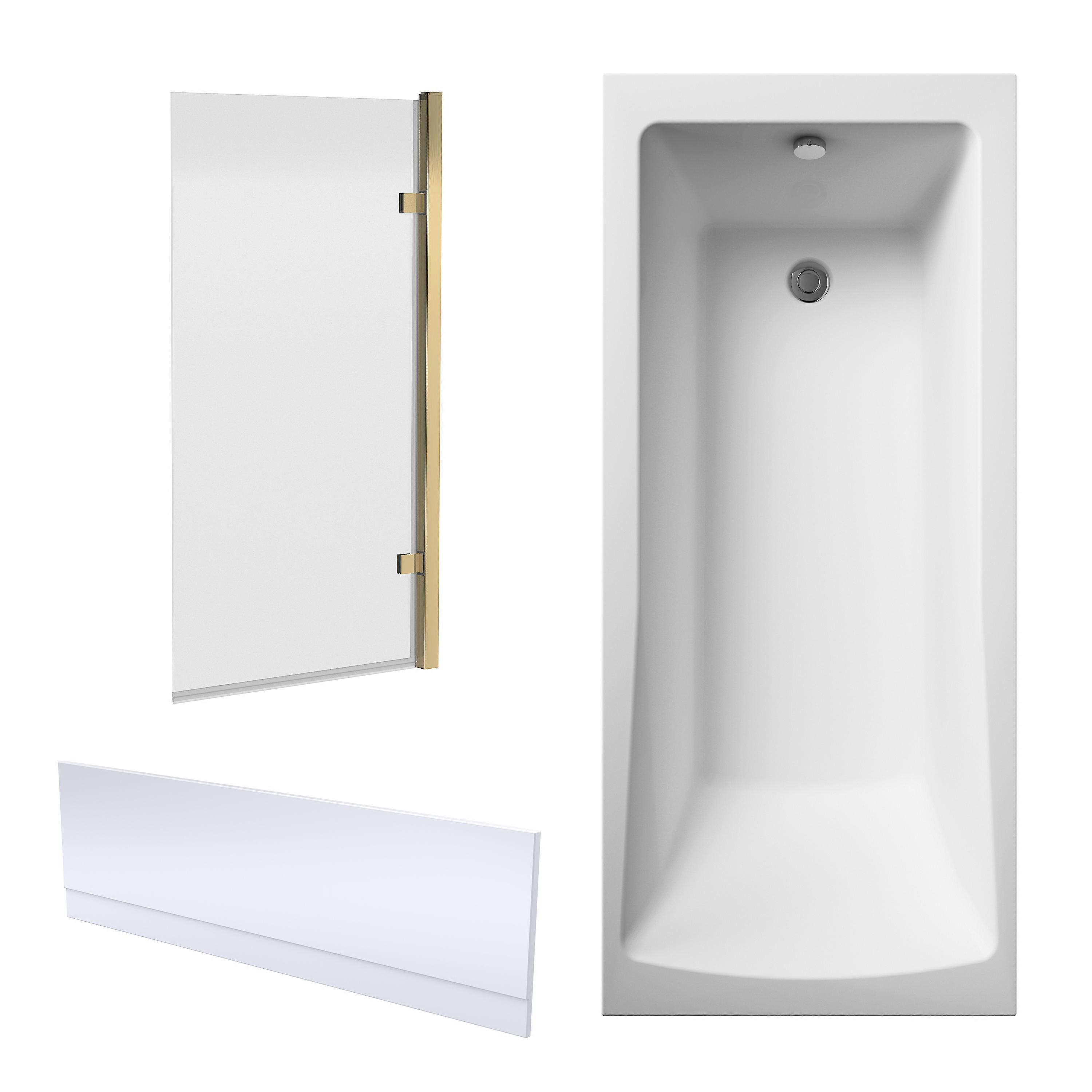 Square Single Ended 1700x700 Shower Bath Set - Front Panel & Brushed Brass Hinged Screen