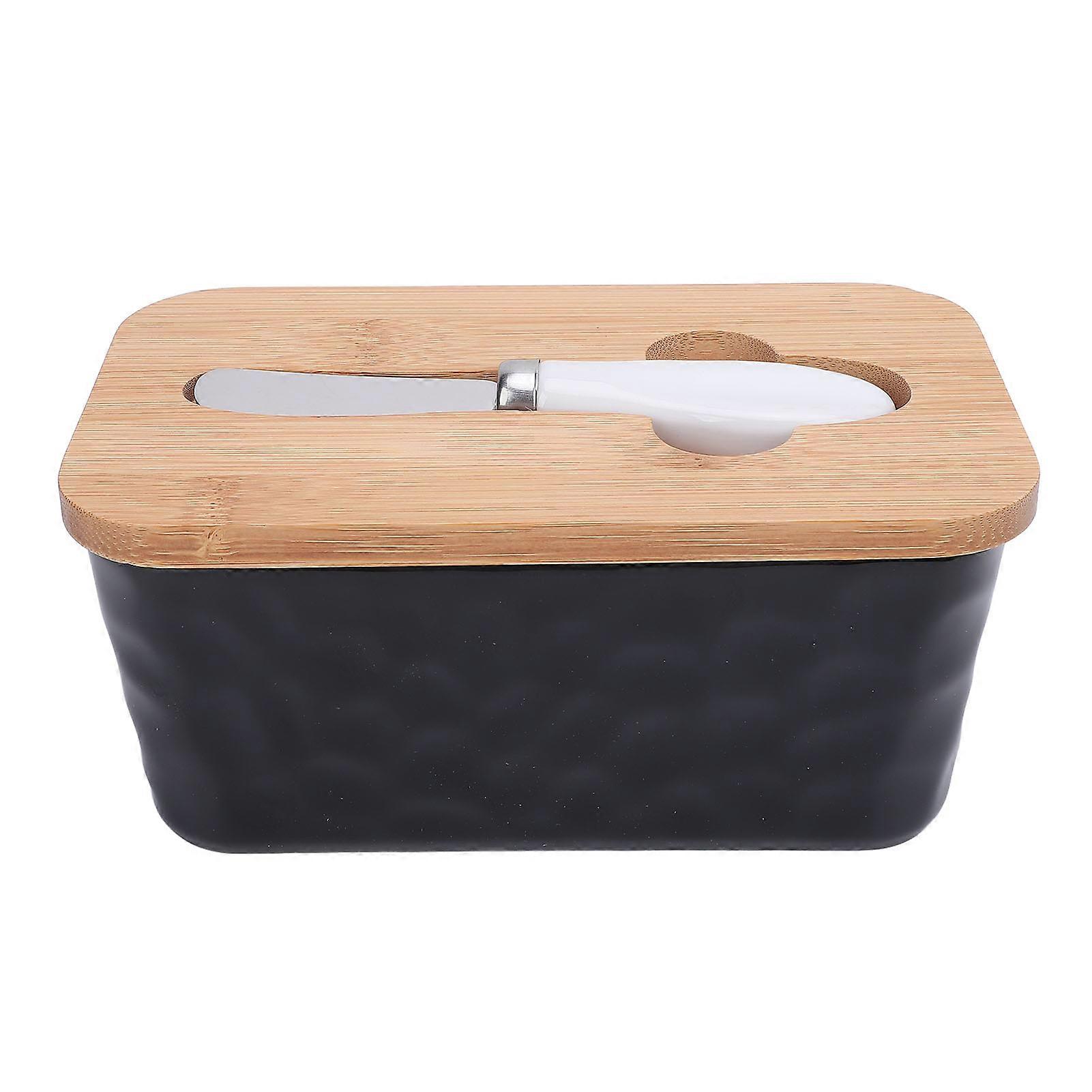 600ml Ceramic Butter Dish with Lid Butter Keeper Butter Container With Cutter for Kitchen Countertop Black 