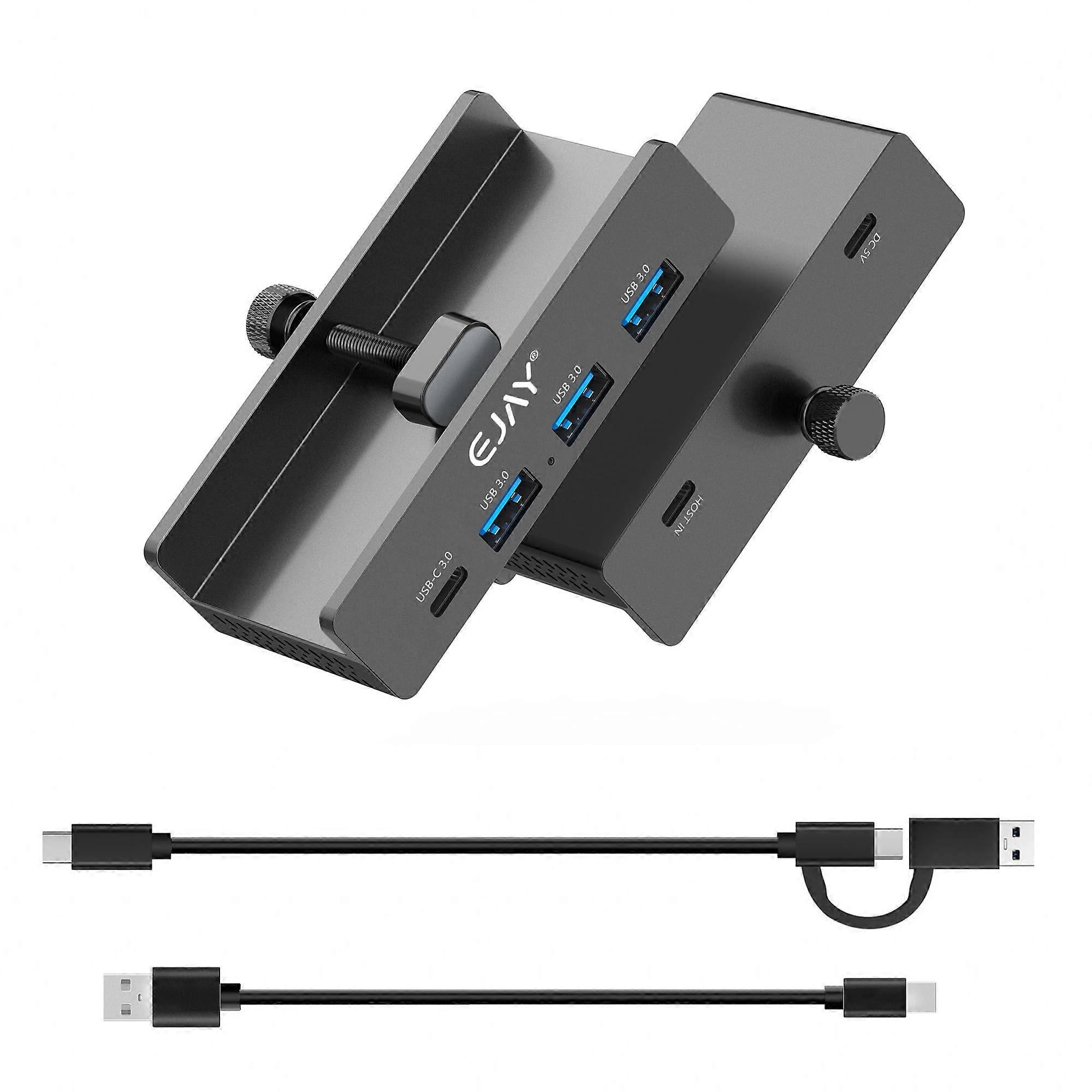 USB3.0 HUB Mountable 4Ports Alu Desktop Clamp Type C Splitter with Extra Power Supply Port for Desk Monitors