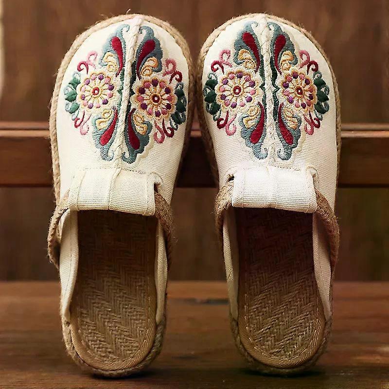 Women Casual Linen Handmade Embroidery Mules Flat Slippers Retro Vegan Summer Ladies Canvas Comfortable Espadrille Shoes