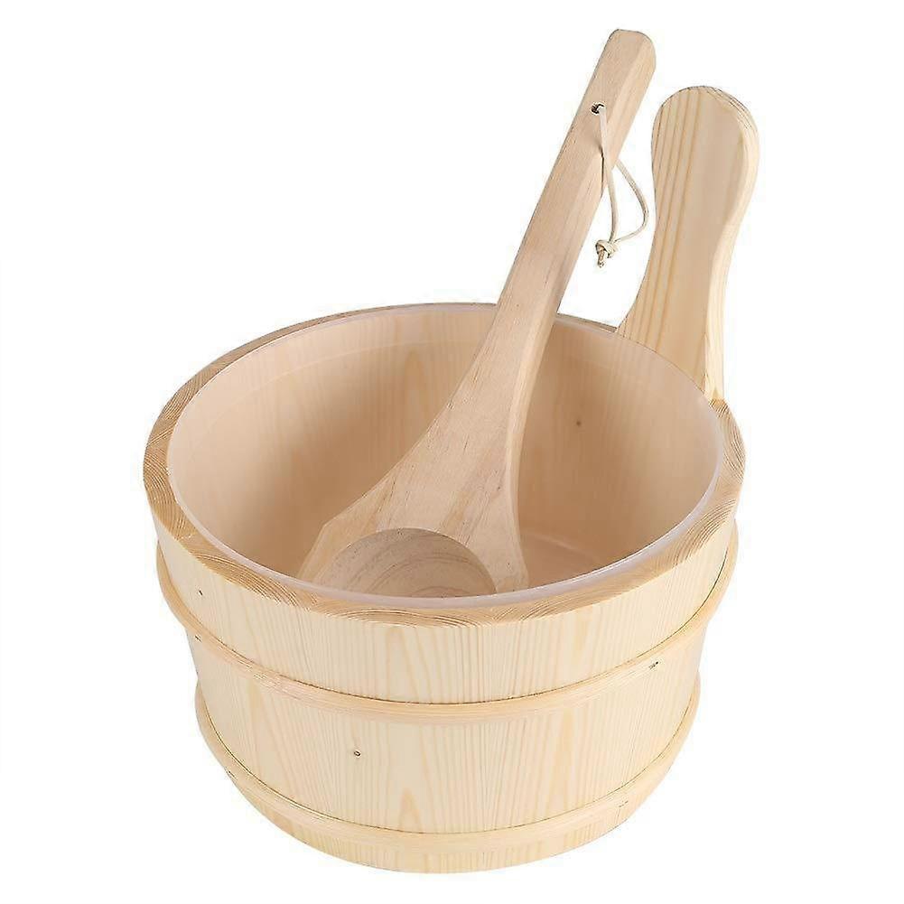 Wooden Bucket and Ladle Kit With Plastic Liner, Spoon And Handle For Sauna Spa And Home Bathroom, Model V1380O2E38941GPFX