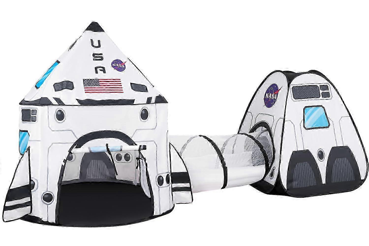 White Rocket Ship Pop Up Tunnel and Playhouse Kids Open Open Space Ship Tent Set