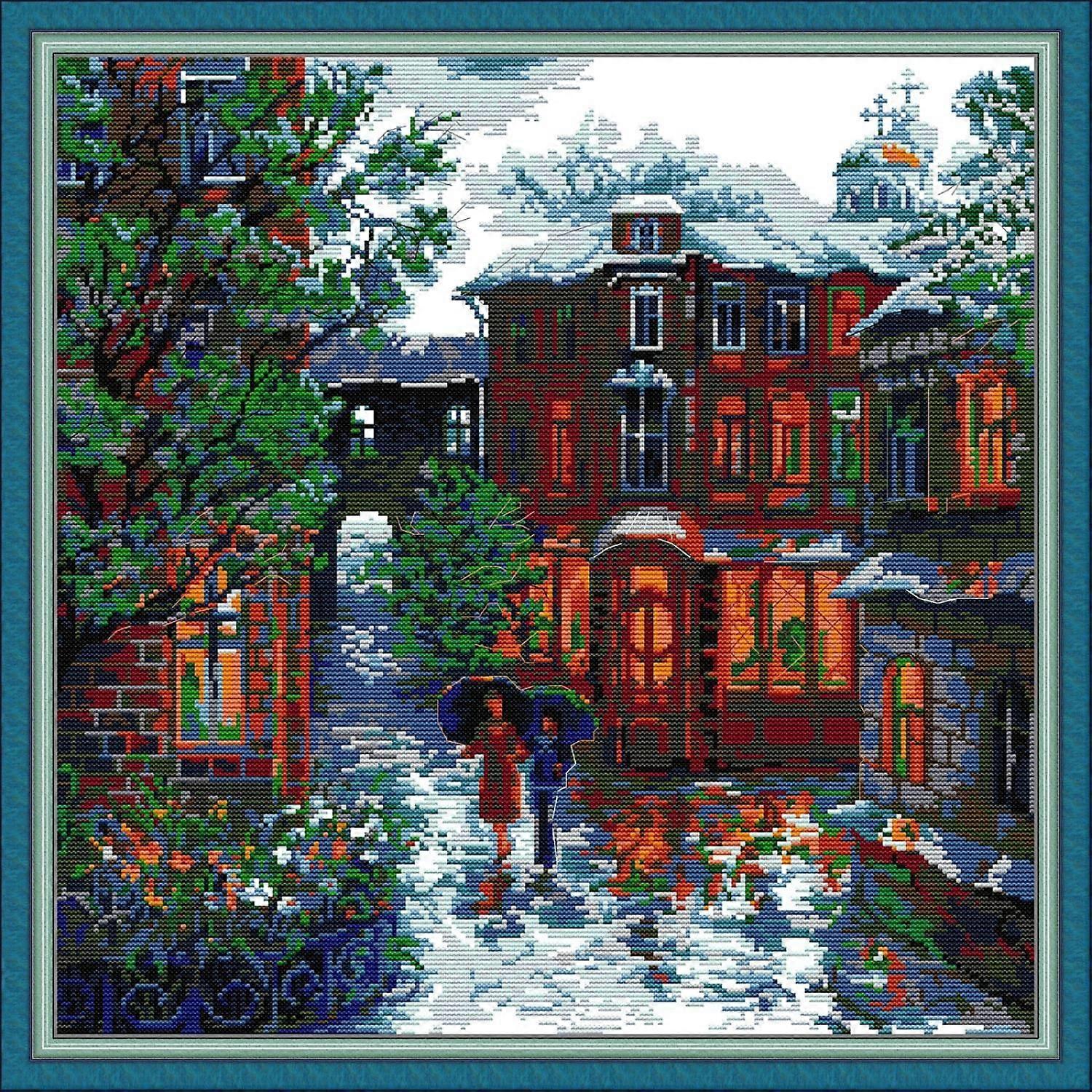 Cross Stitch Kits Stamped Full Range of Embroidery Starter Kits for Beginners DIY 14CT 2 Strands -in The Rain(Printed) 18.518.5inch