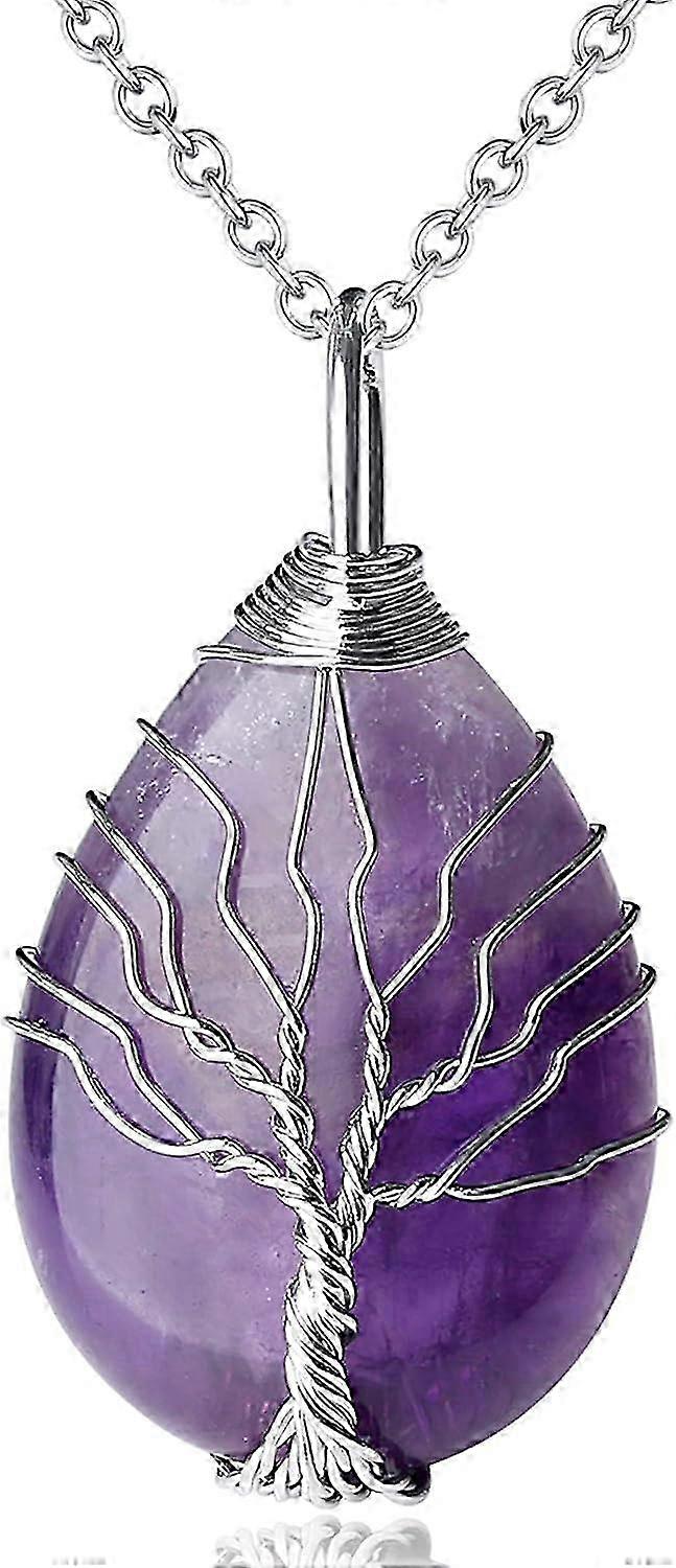 Amethyst Crystal Stone Necklace with Tree of Life Design, Featuring a Metal Wire and Teardrop Crystal Pendant, Ideal for Various Occasions
