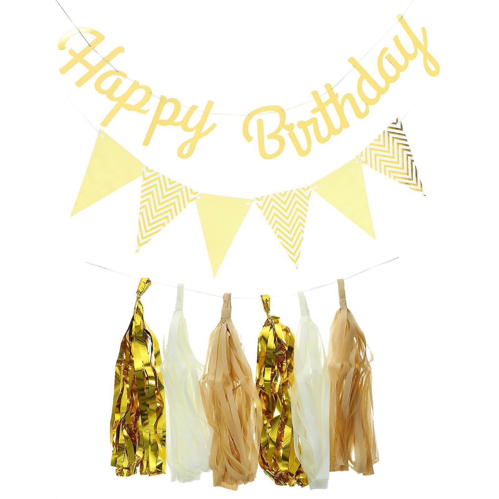 Bunting Flags Reusable Birthday Banner Golden Plastic Photo Backdrop 1Set