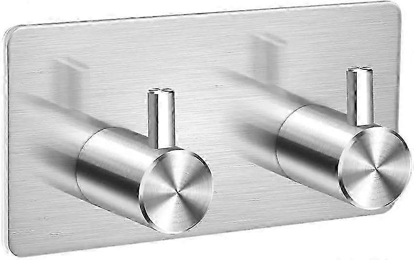 Double Silver Towel Holder,Self Adhesive,Sticky Hooks,Robe,Coat,Wall,Brushed Stainless