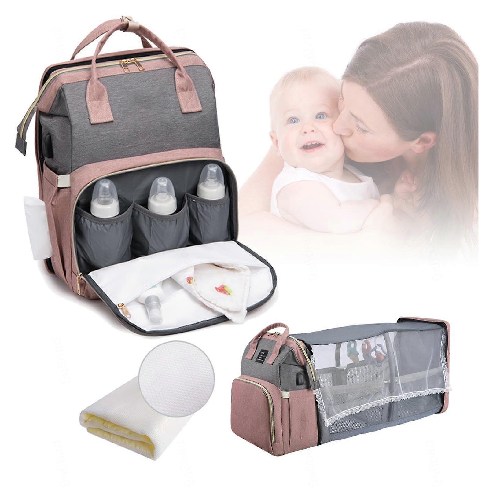 Large Changing Backpack with Bed Function, Waterproof Pram Bag for Mum and Dad, Spacious Pink Gray Diaper Bag