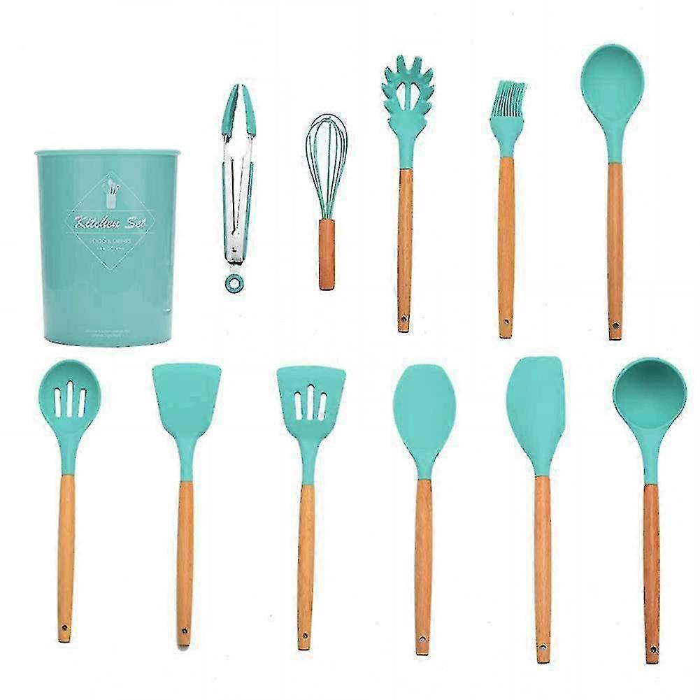 Durable and Practical Heat Resistant Silicone Kitchenware Tool Sets with Wooden Handle in Dark Green - Suitable for Various Brands