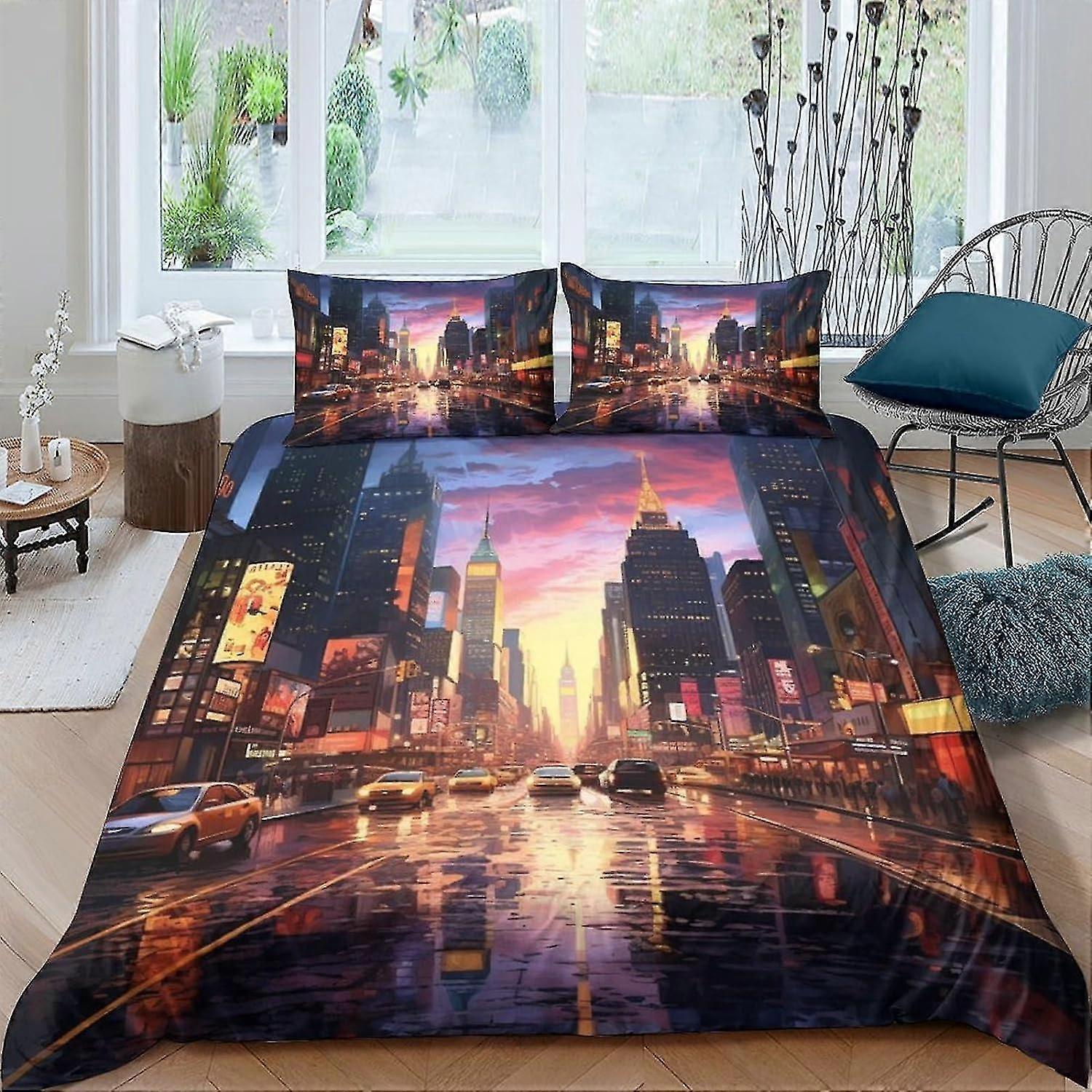 Conjunto de capa de edredom de cena noturna da cidade Conjunto de cama 3D Capa de edredom de poliéster de microfibra decorativa com fronhas, zíper, conjunto de 3 peças
