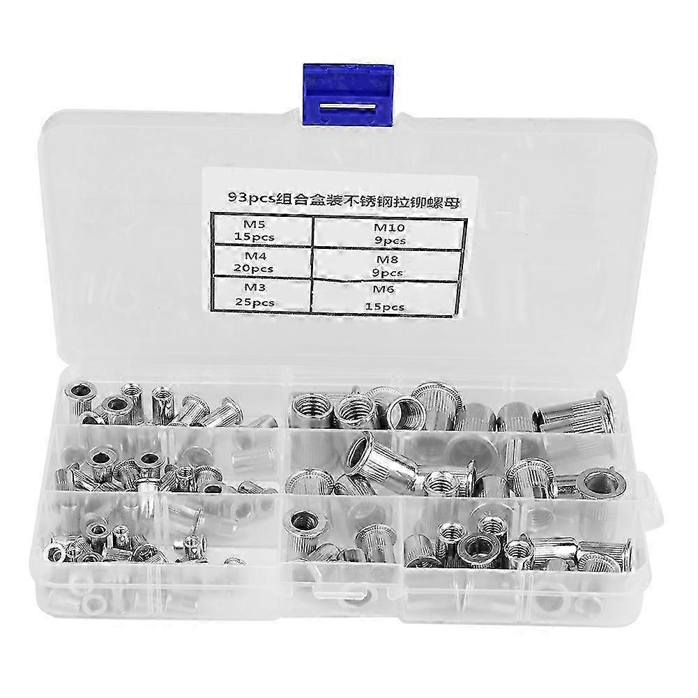 93pcs Threaded Insert 1 Box M3, M4, M5, M6, M8, M10 304 Stainless Steel Blind Rivet Nut Set