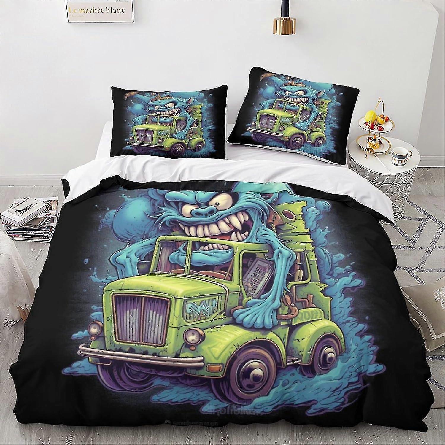 Cartoon Pattern Monsters Duvet Cover Double Bedding Set Soft Lightweight Microfiber Vintage Car Quilt Cover with Zipper Closure King