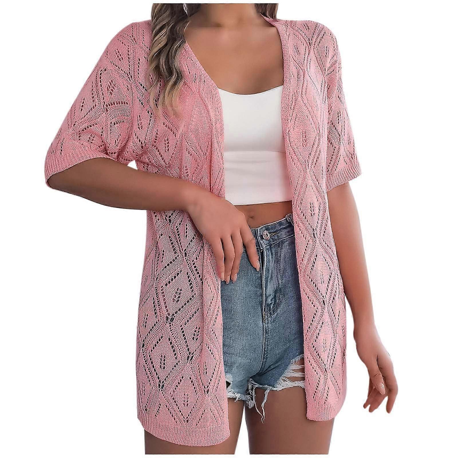 Lightweight Cardigan Women's Long Elegant Thin Short Sleeve Open Front Pink XL