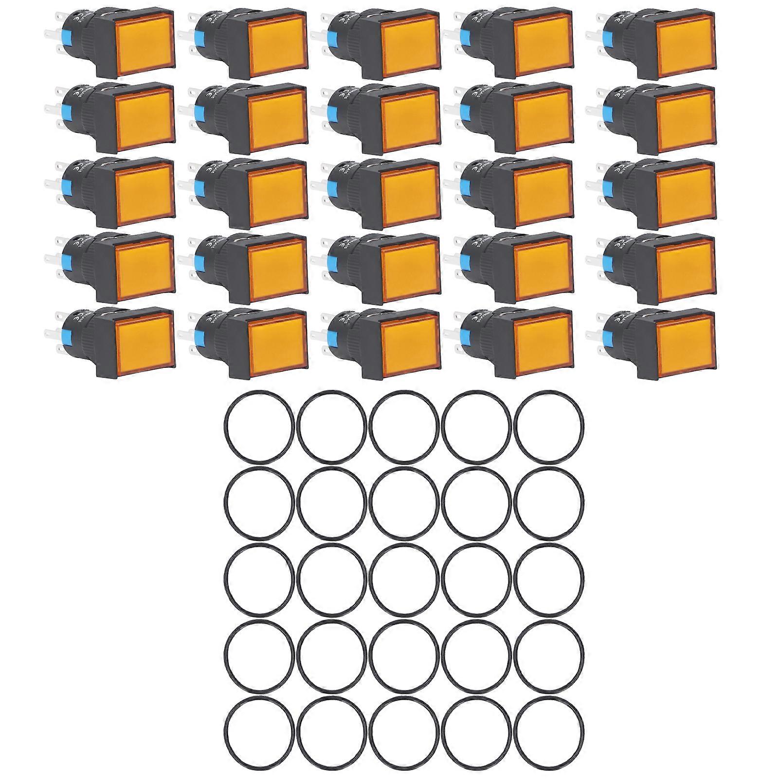 25Pcs Momentary Push Button Switch Self Locking Rectangle with Light 220V BEMLA1611DSJ 16mm(Yellow )
