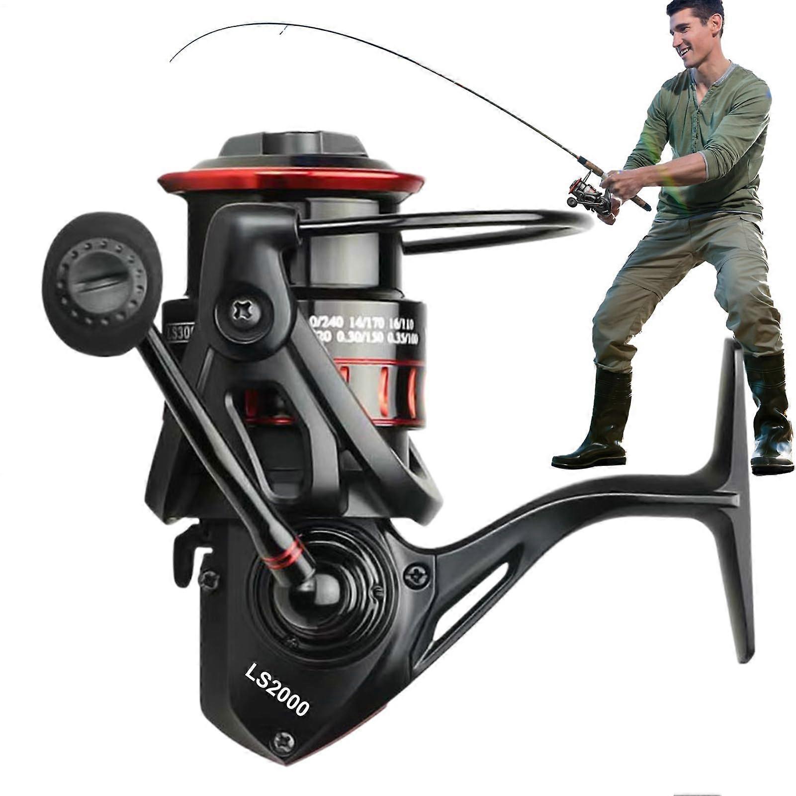 Fishing Reel  Ergonomic Wire Handle, AntiSlip Grip  Smooth Drag System, Precision Cast Frame, Compact Black Red LS2000