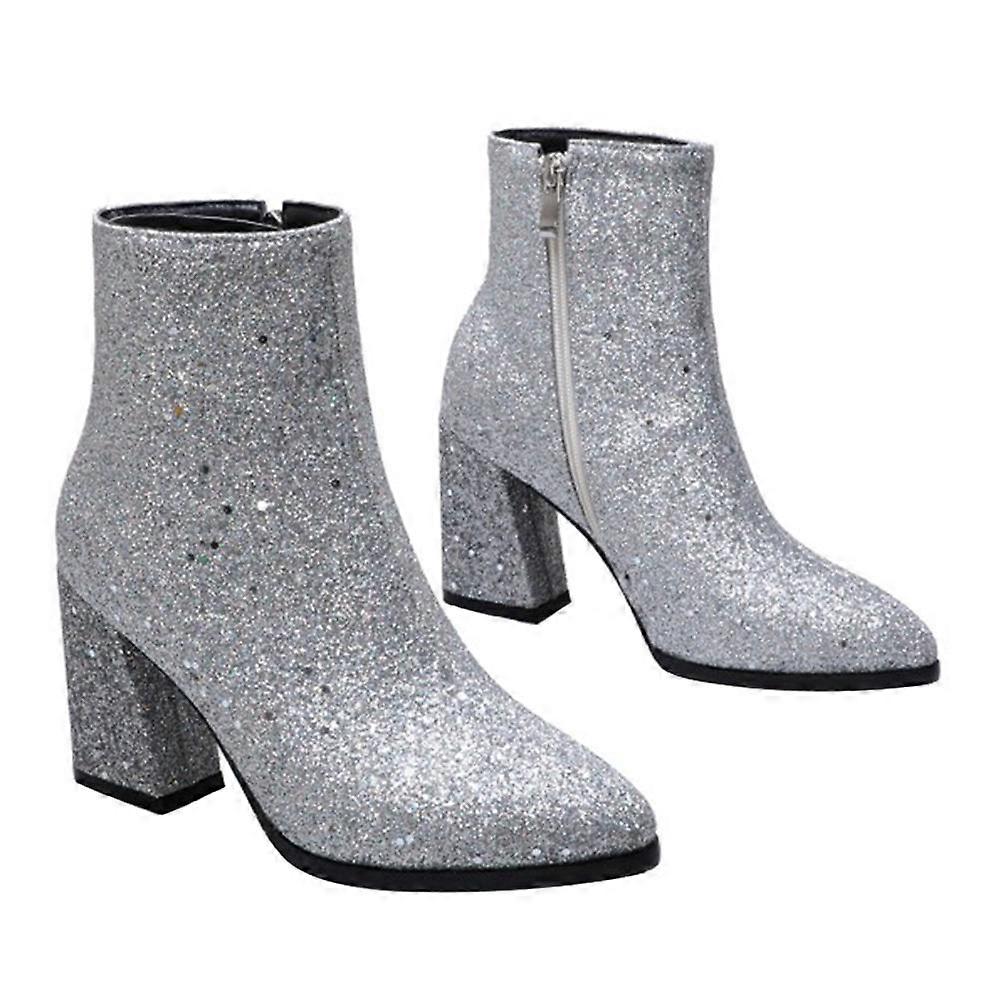 Bottines à paillettes pour femmes, talons blocs épais, bottines à bout pointu, mode automne-hiver, tige en PU artificiel argenté