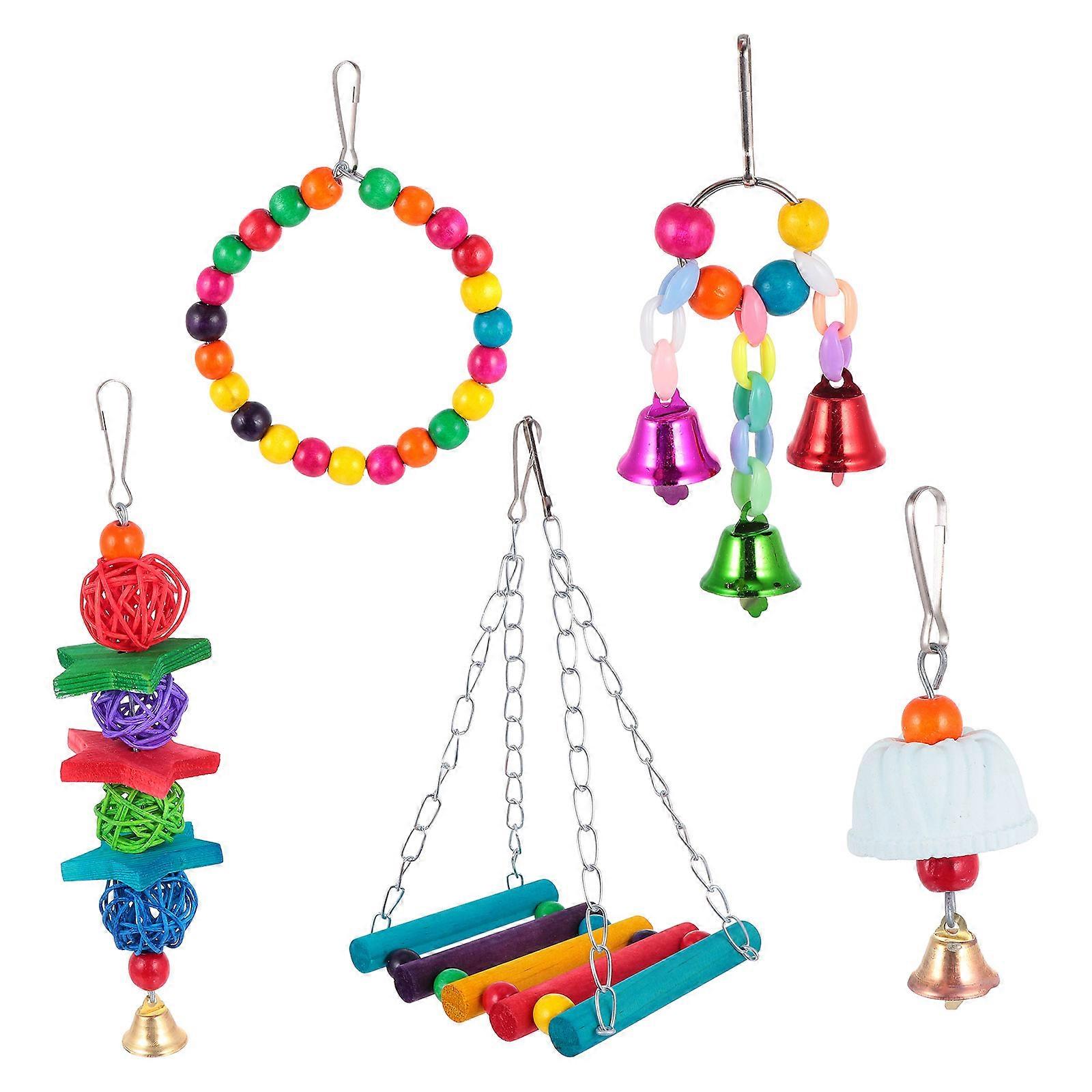 5pcs Parrot Chewing Set with Hanging Swing, Bell & Safe Wood for Cage Play – Ideal for Parrots, Cockatiels & Budgies to Reduce Boredom