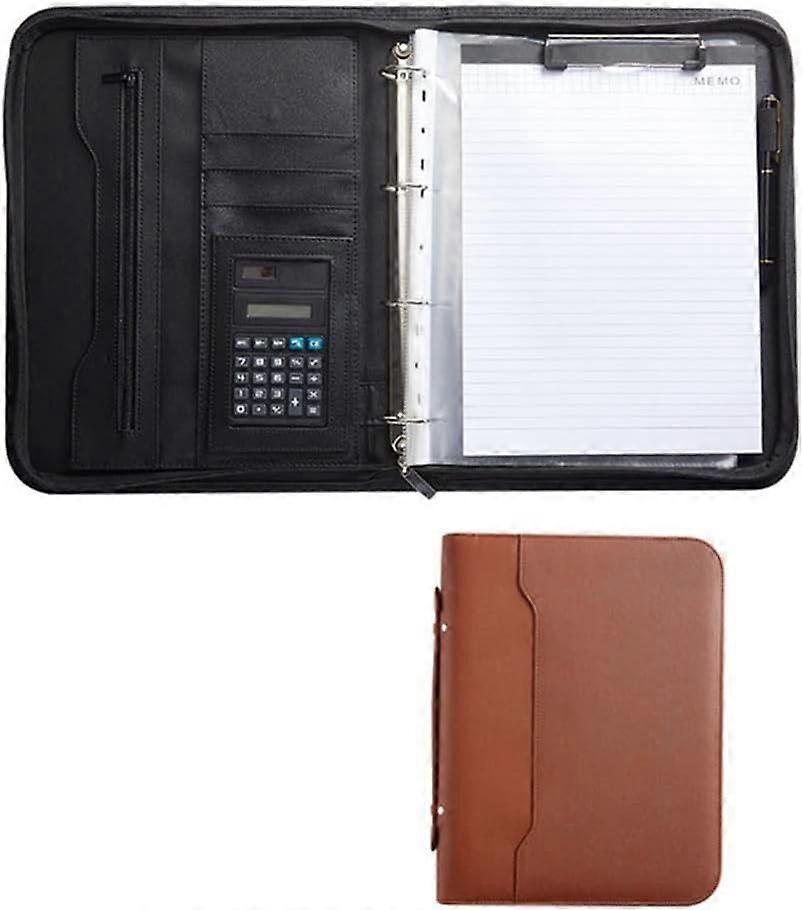 Conference Folder A4 with Zipper, Portable PU Leather Document Organizer, Writing Pad with Handle, Brown Color, No Tasc