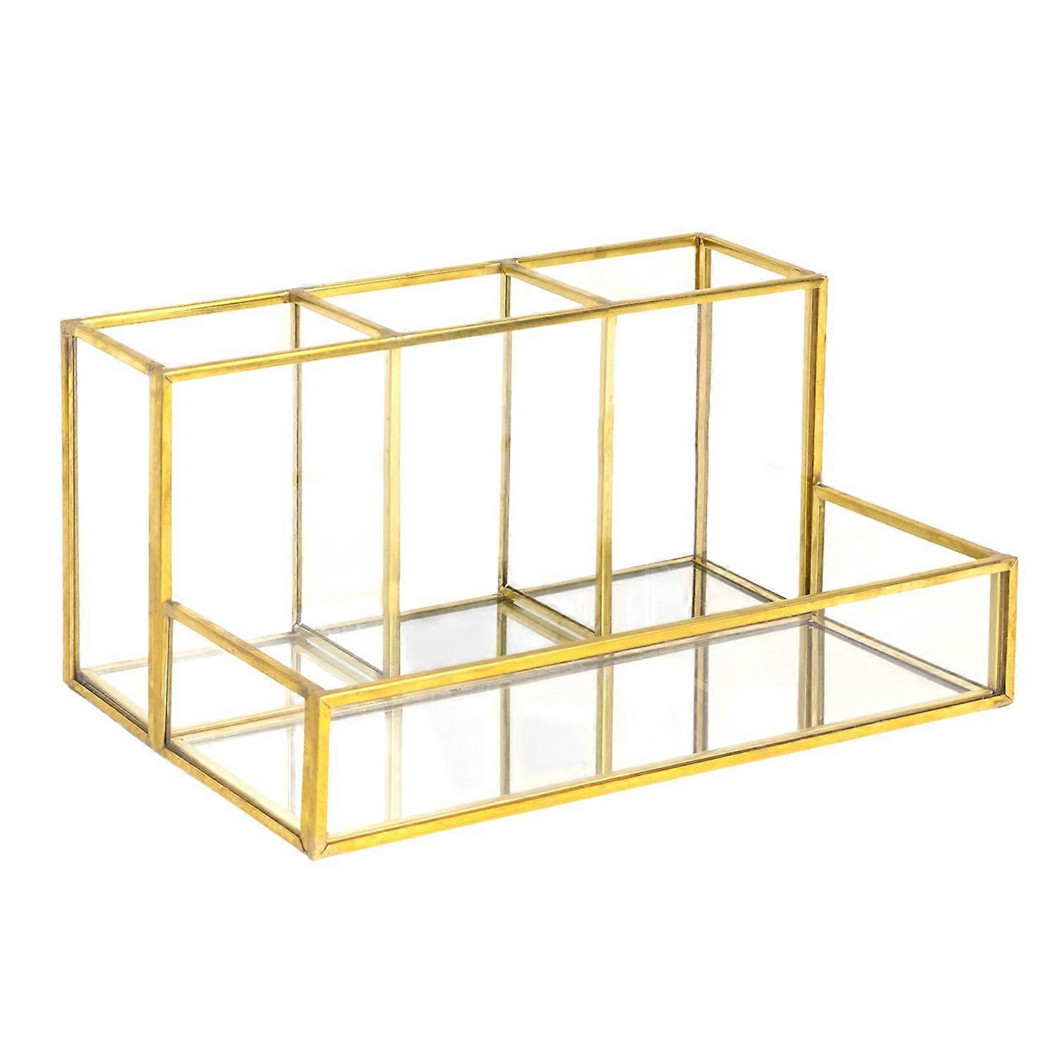 带金边和镜面底部的化妆品玻璃化妆收纳盒 - 20.1 x 14.2 x 10.3 厘米 - 4 个隔层化妆储物盒