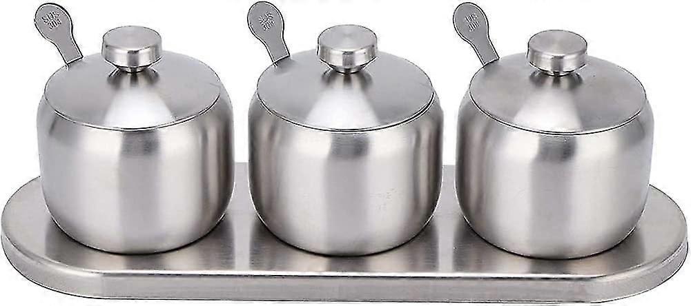 Stainless Steel Seasoning Box, Condiment Spice Jar Set, Sugar Salt Pepper Storage Organizers, Condiment Cruet Bottles with Lids and Spoon