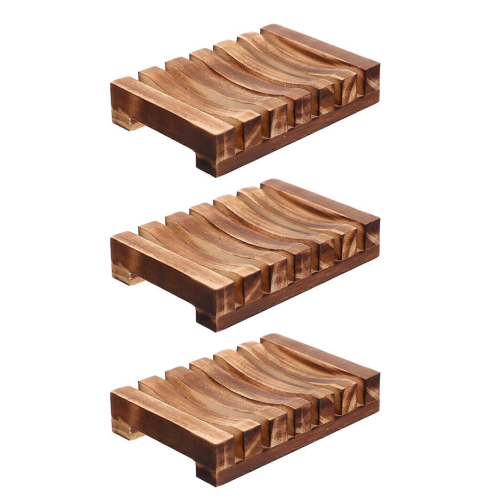 Soap Dish Wood 3Pcs Wooden Holder for Use Drainage Function in Coffee Color