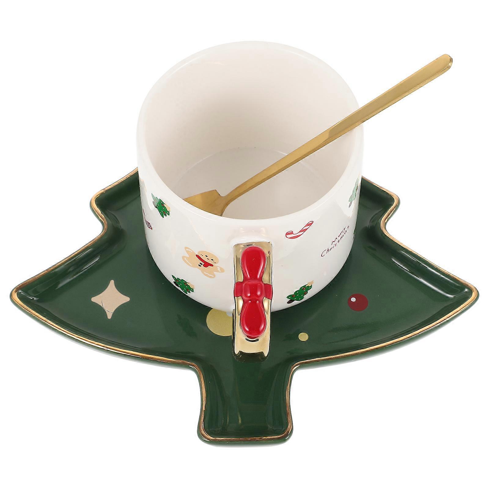 Ceramic Christmas Tree Shaped Saucer Coffee Mug For Home Use Elegant Style 1 Set