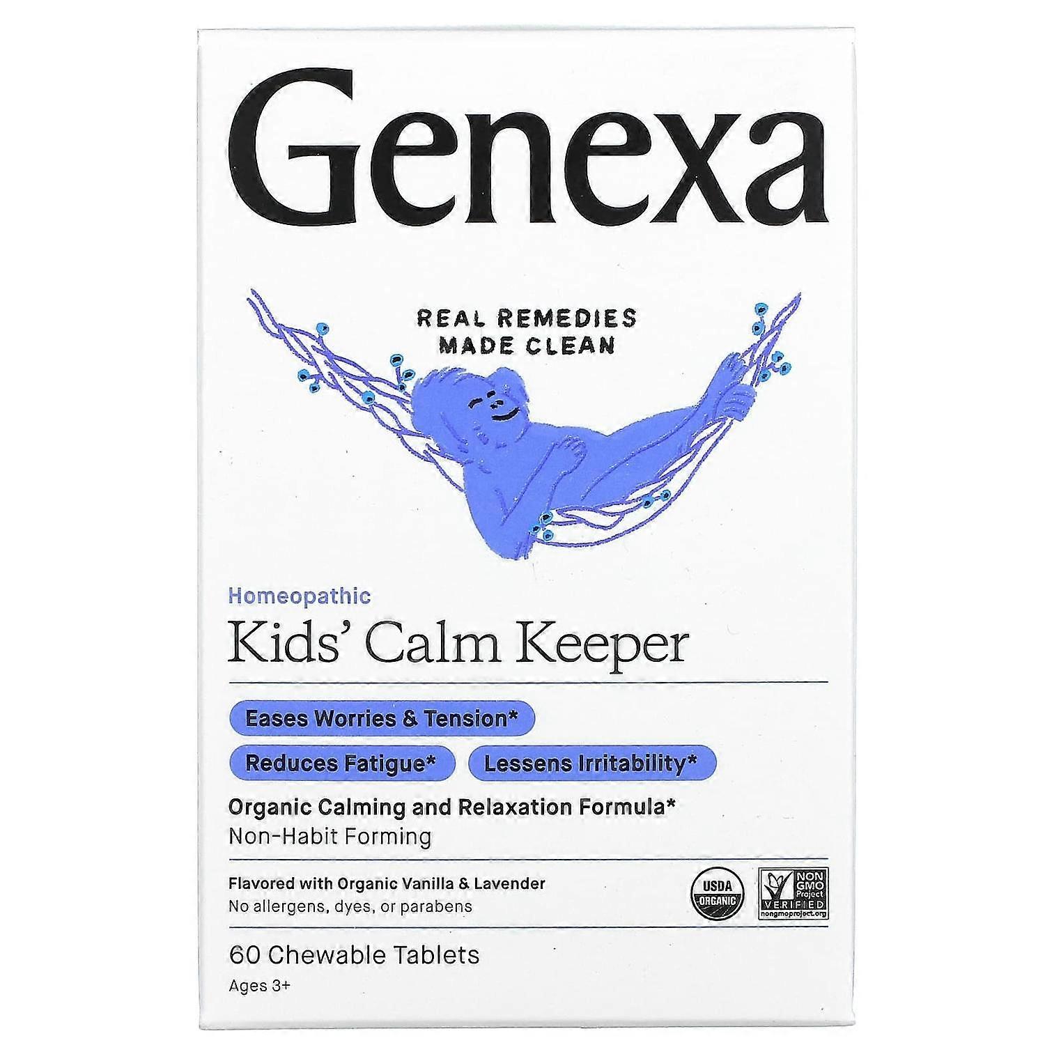 Genexa LLC, KidsÂ¬Â¥ Calm Keeper, Calming & Relaxation, Ages 3+, Vanilla & Lavender, 60 Chewable Tablets