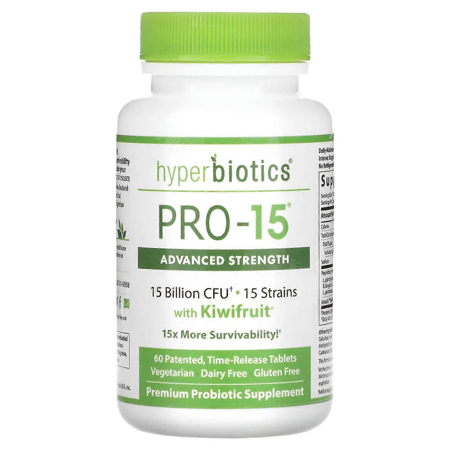 Hyperbiotics, PRO-15, Advanced Strength with Kiwifruit, 15 Billion CFU, 60 Patented, Time-Release Tablets