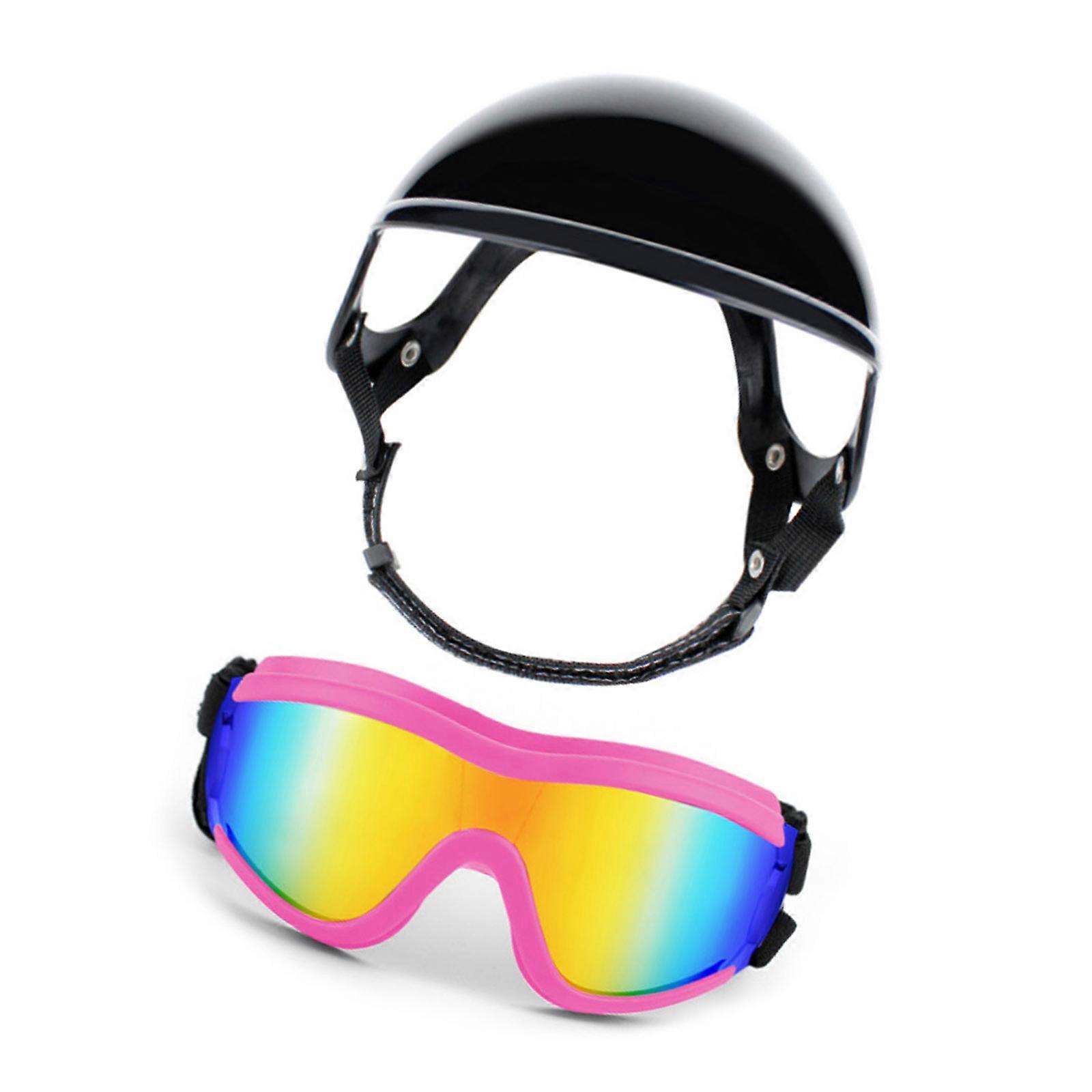 Dog Protective Goggles and Helmet Set with Ear Holes Adjustable Windproof Design Sunglasses for Outdoor Motorcycling Use  Rose Red M