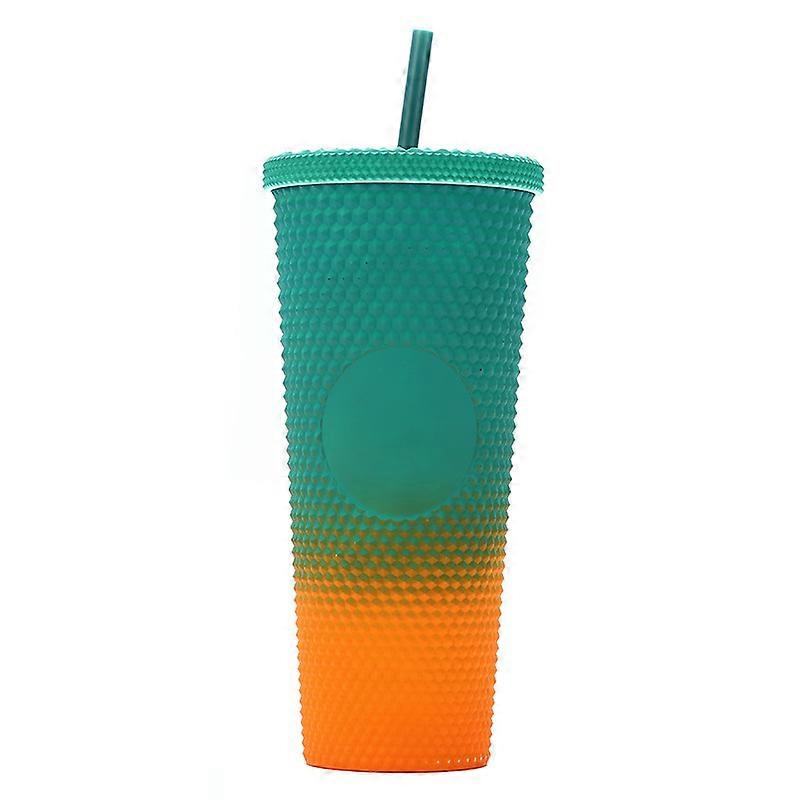 Gradient Green-Orange 701-800ml Double-Layer Plastic Straw Cup, Large Capacity, Creative, Electroplated Gradient Color, Durian-Shaped Cup