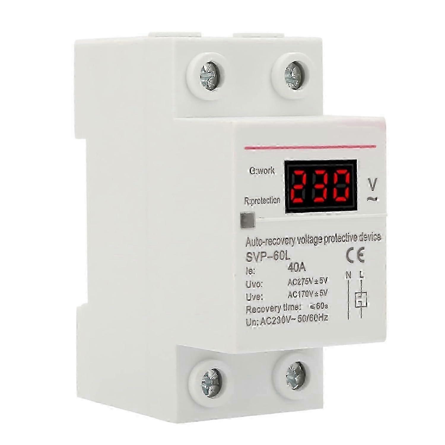 Voltage Regulator, 230V 40A Automatic Recovery Overvoltage and Undervoltage Protection Device DIN Rail Mount Protector