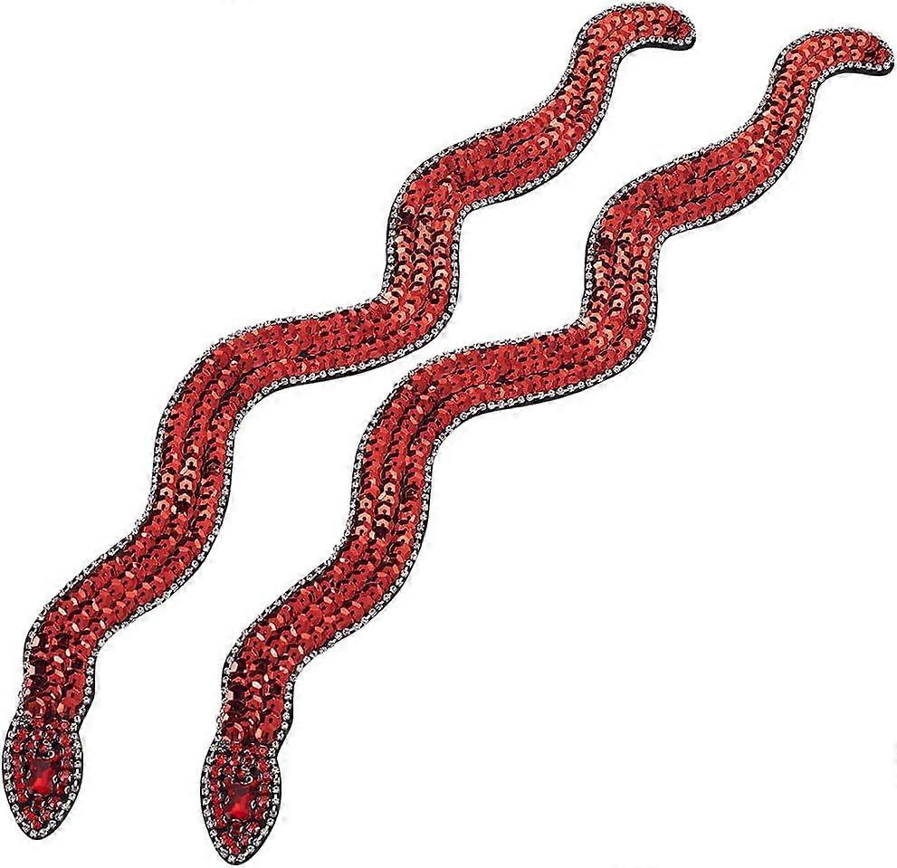 2PCS Snake Shaped Patches 17.7inch Sew On Large Snake Rhinestones Patches Red Sequins Applique for Sewing Embroidered Applique for DIY Clothes Decorat