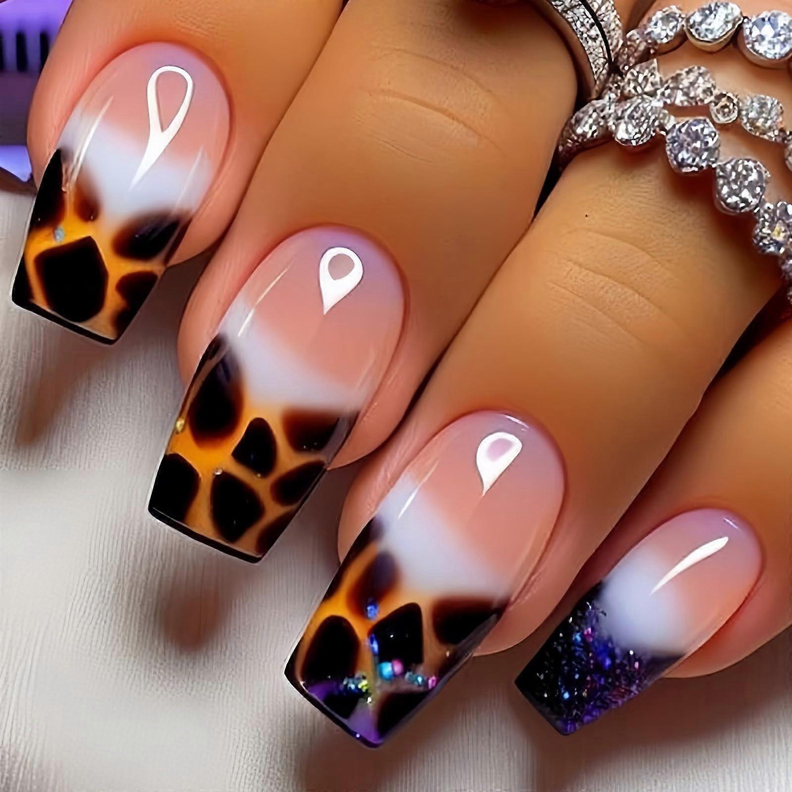 Leopard Print Press on Nails Medium Square Fake Nails Reusable Acrylic Set with Glitter 24Pcs