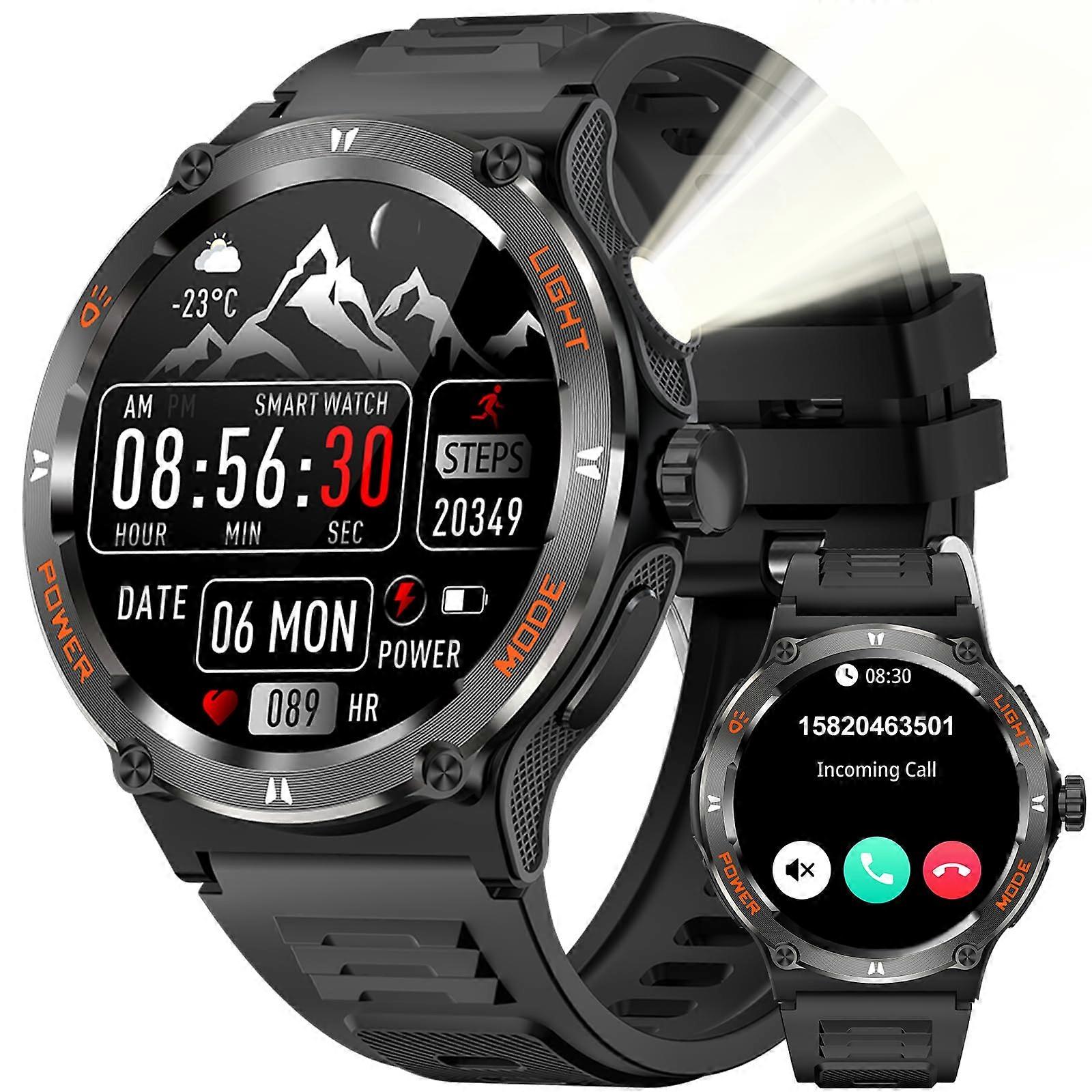 Rugged Smartwatch for Men with Bluetooth Calling, LED Flashlight, Compass, 3ATM Waterproof Fitness Tracker