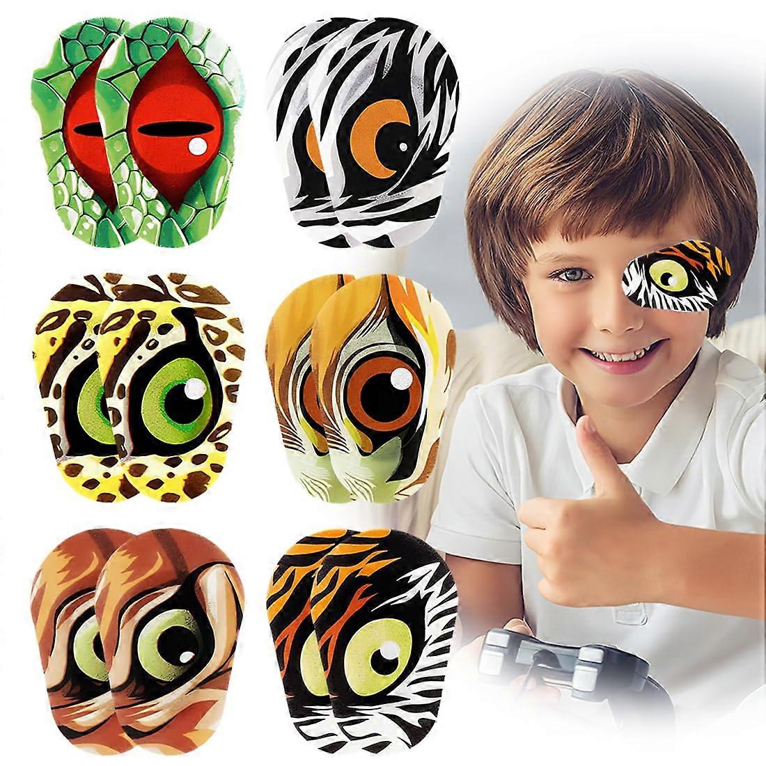 Kids Eye Patch 12 Pack with Fun Animal Designs, Soft Breathable Adhesive Mask, Light Blocking