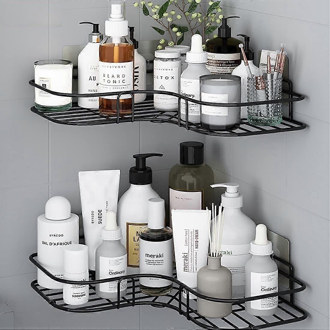 Bathroom Corner Shelf NoDrill Adhesive Shower Caddy Wall Mounted SpaceSaving Black Rack