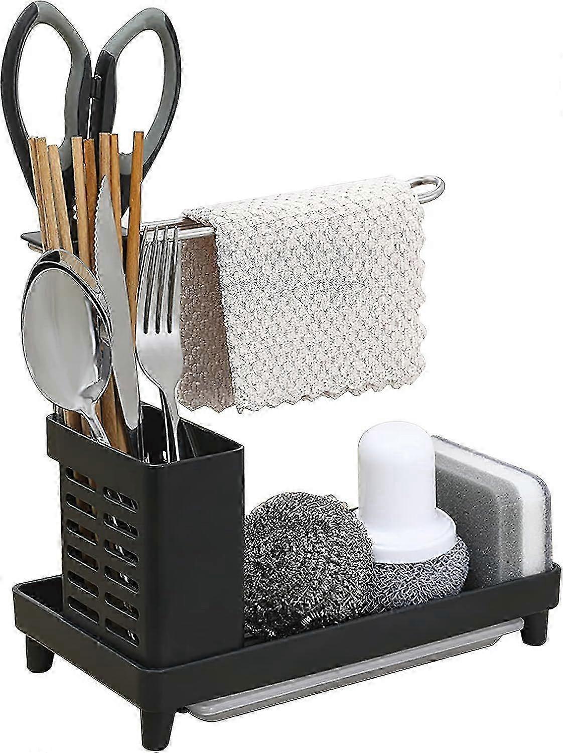 Kitchen Sink Sponge Holder with Drip Tray, Black