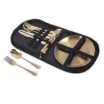Golden Camping Utensils Set Foldable Stainless Steel Cutlery with Storage Bag for Hiking and Picnics