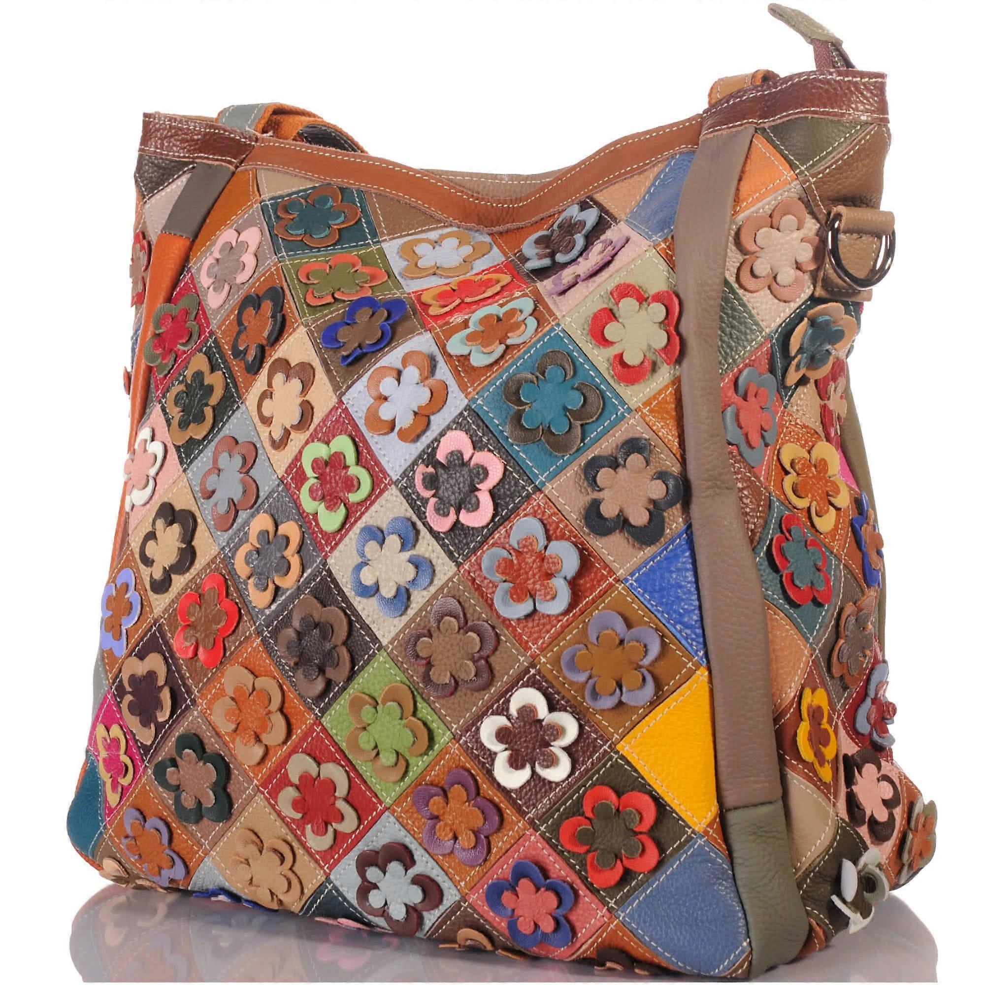 Large women's leather patchwork bag 2-in-1