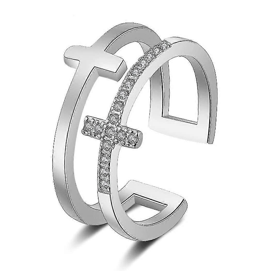 Cross Ring Silver Crystal Band Rings Adjustable Open Ring
