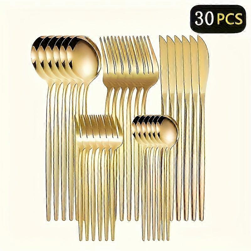 Un élégant service de couverts de luxe 30 pièces en acier inoxydable – Comprend un couteau, une fourchette, une cuillère, une cuillère à dessert et une fourchette à dessert pour 6 personnes – Finition polie miroir