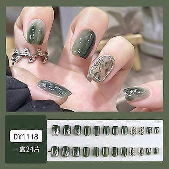 Faux ongles courts à coller, forme carrée, brillants, couverture complète, ongles acryliques, faux ongles verts décorés, ongles d'été à coller, jolis motifs artistiques