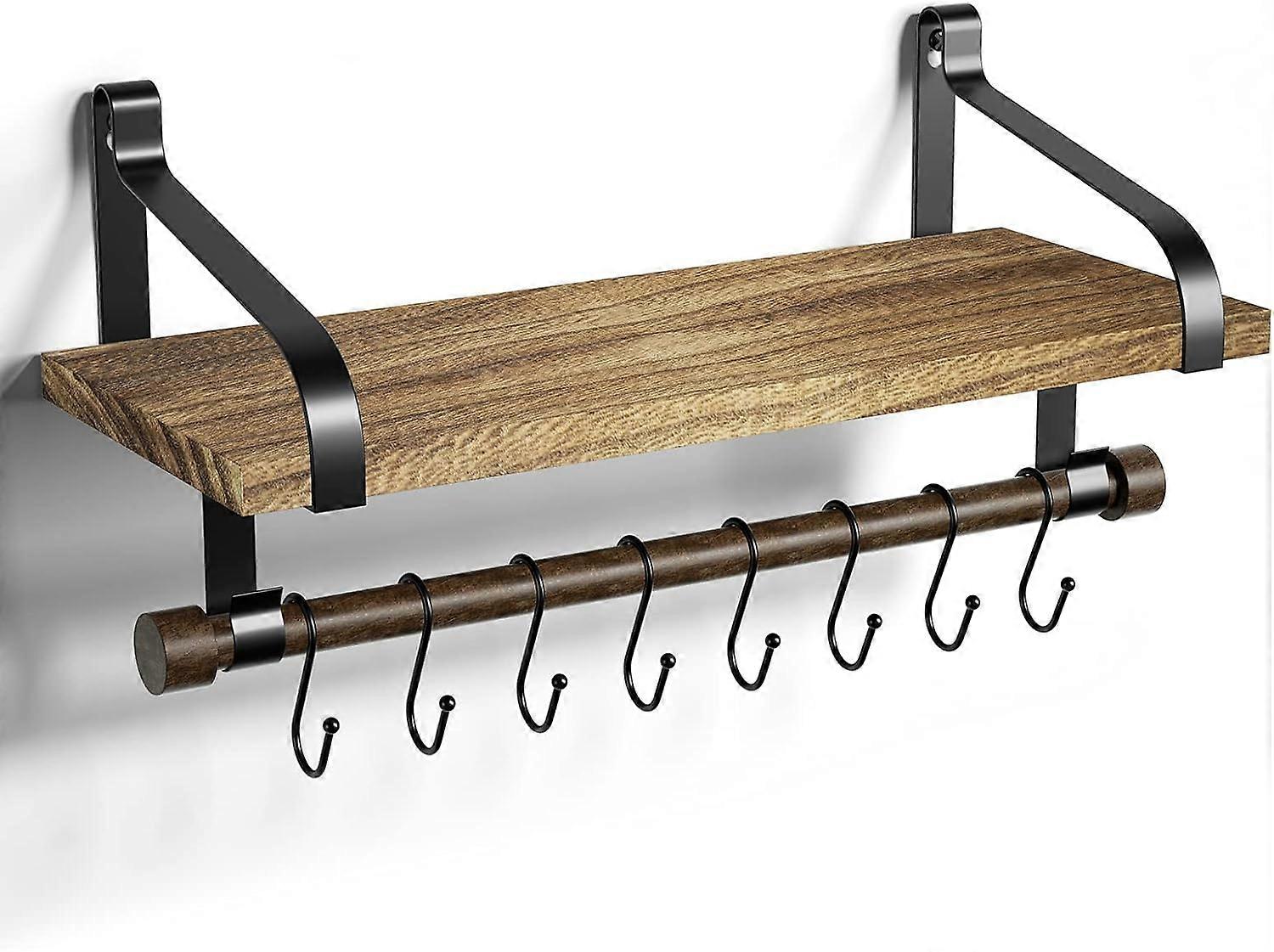 Floating Rustic Wall Shelf with Removable Hooks and Towel Bar