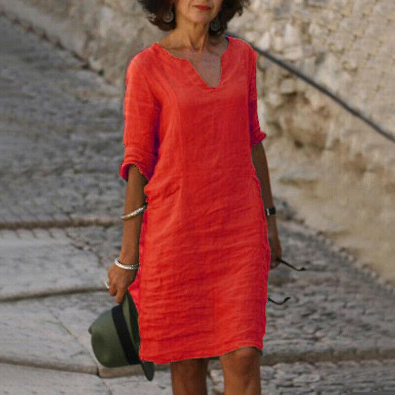 Manches courtes pour femmes Coton Lin Midi Robe Dames Solid V Neck Baggy Sundress-9